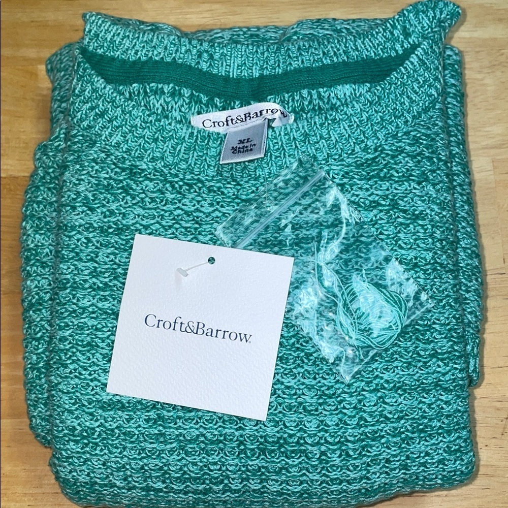 NWT Croft & Barrow 3/4 Sleeve Crew Neck 100% Cotton Sweater.  Green & White,  XL
